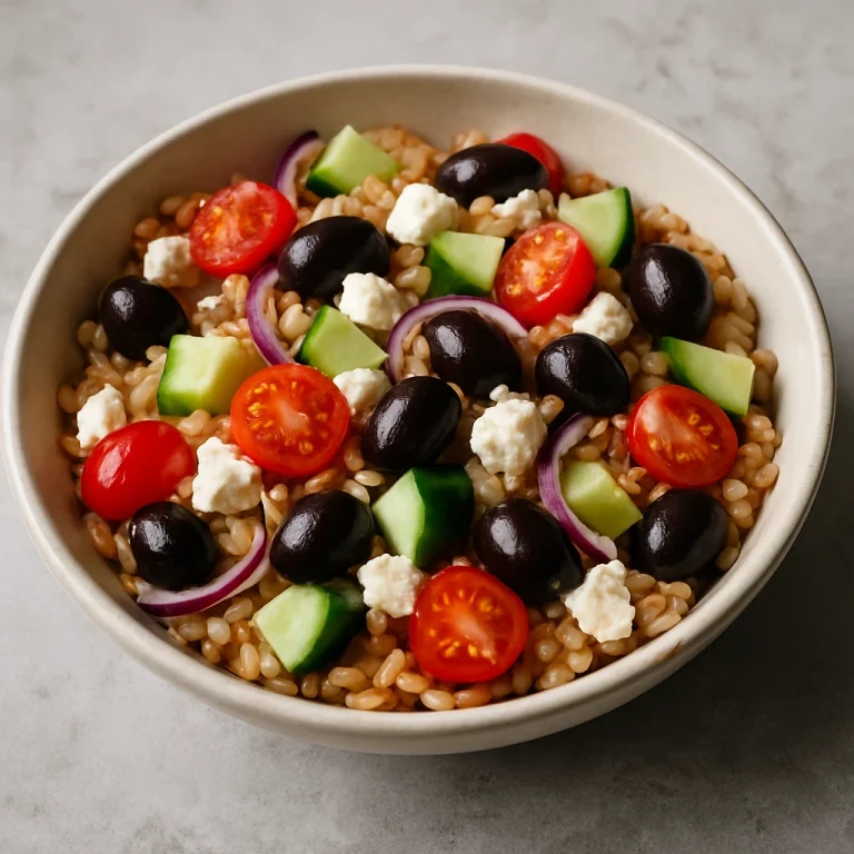 Farro saláta feta sajttal, olívabogyóval és friss zöldségekkel tálalva