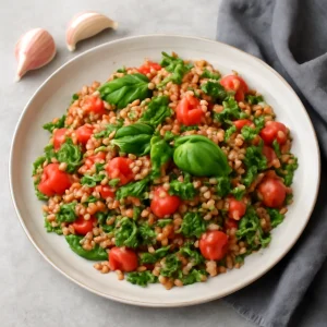 Friss farro étel bazsalikommal és petrezselyemmel