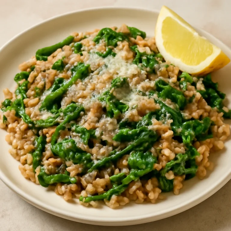 Farro spenóttal és parmezánnal, friss citrommal tálalva