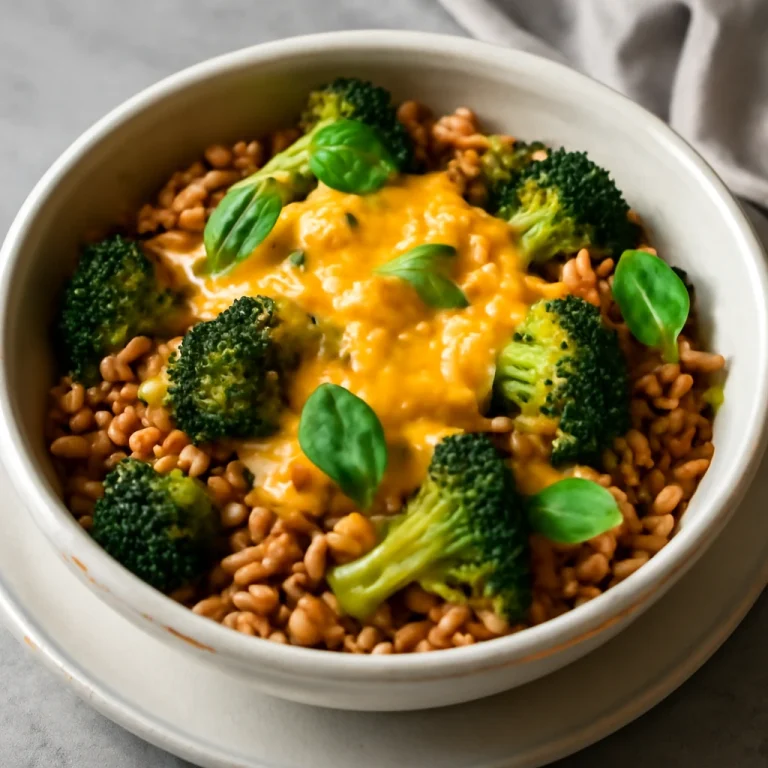 Farro sült brokkolival és cheddar sajttal, friss zöldekkel díszítve