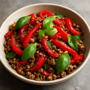Mediterrán farro étel sült paprikával és friss bazsalikommal