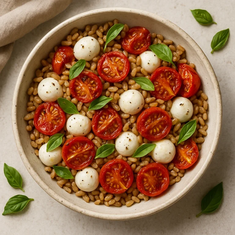 Farro saláta sült paradicsommal és mozzarellával, friss bazsalikommal megszórva