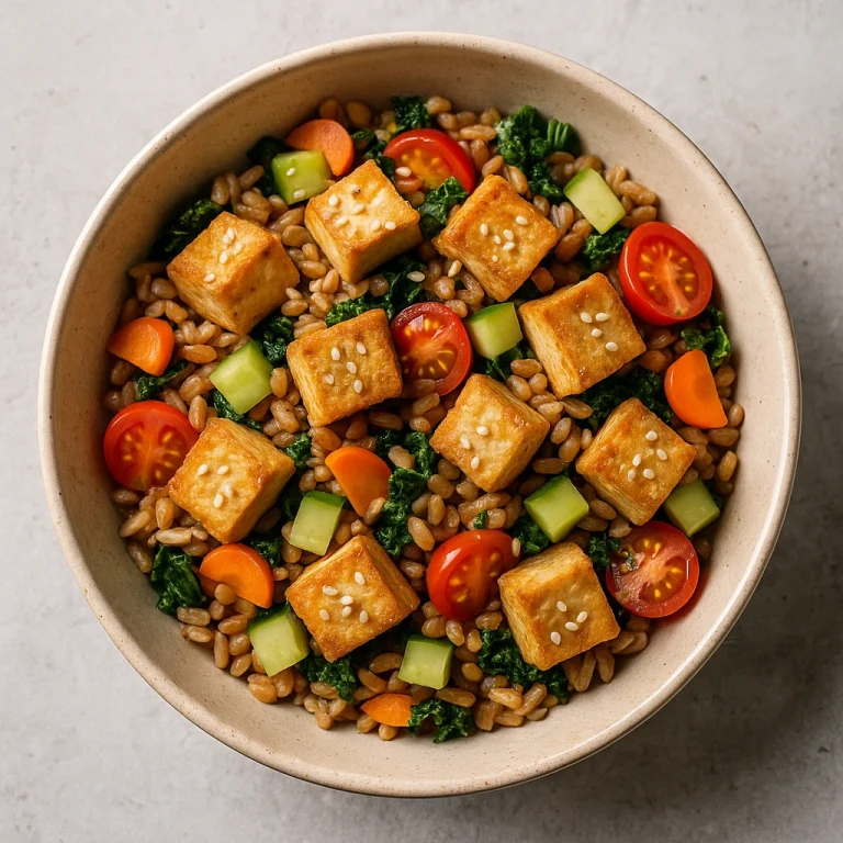Farro tál sült tofu kockákkal, zöldségekkel és szezámmaggal megszórva