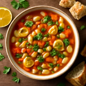 Gazdag mediterrán fasolada póréhagymával és friss petrezselyemmel