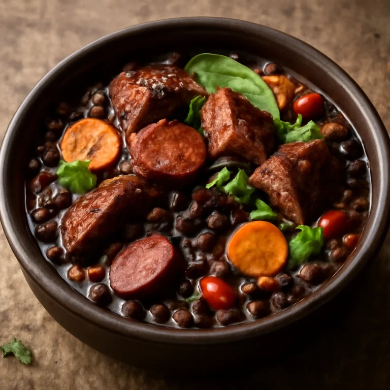 Feijoada füstölt babbal, gazdag húsokkal és friss zöldségekkel tálalva