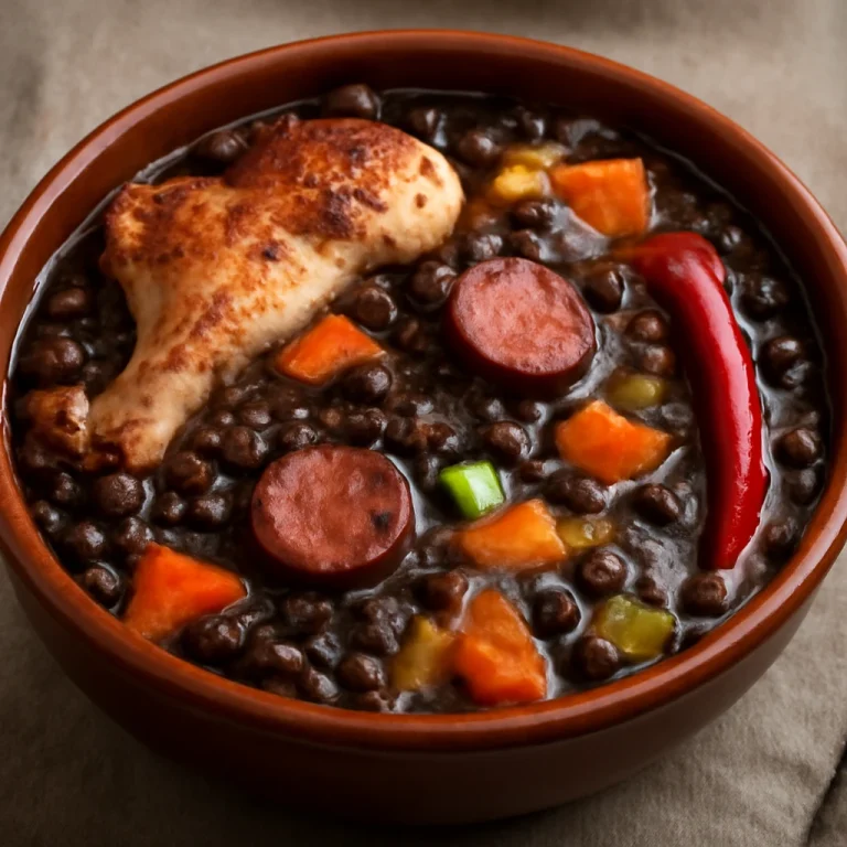 Feijoada füstölt csirkével, tálalva