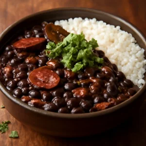 Brazília tradicionális feijoada étel, füstölt gombával és friss korianderrel