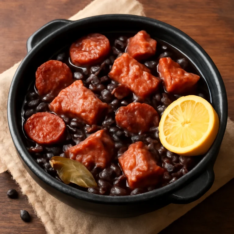 Feijoada tálalva fekete babbal és füstölt hússal