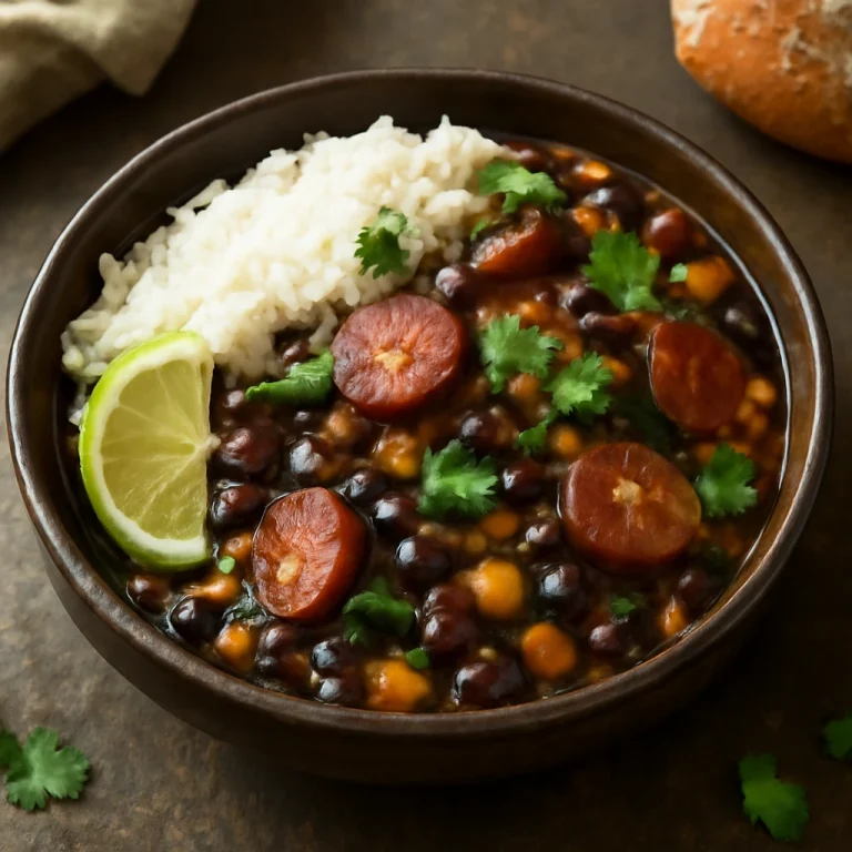 Feijoada füstölt kolbásszal, rizs és koriander díszítéssel