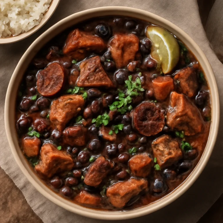 Feijoada tálalva, gazdag babos étel sertéshússal és friss korianderrel díszítve