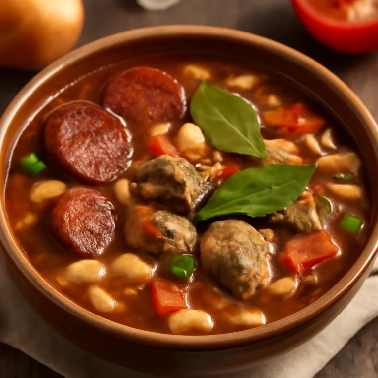 Feijoada sertéshússal, tálalva egy gazdag füstölt húsos levessel