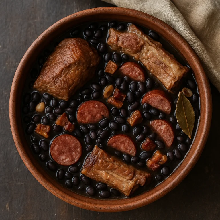 Feijoada fekete babbal és sózott sertéshússal tálalva