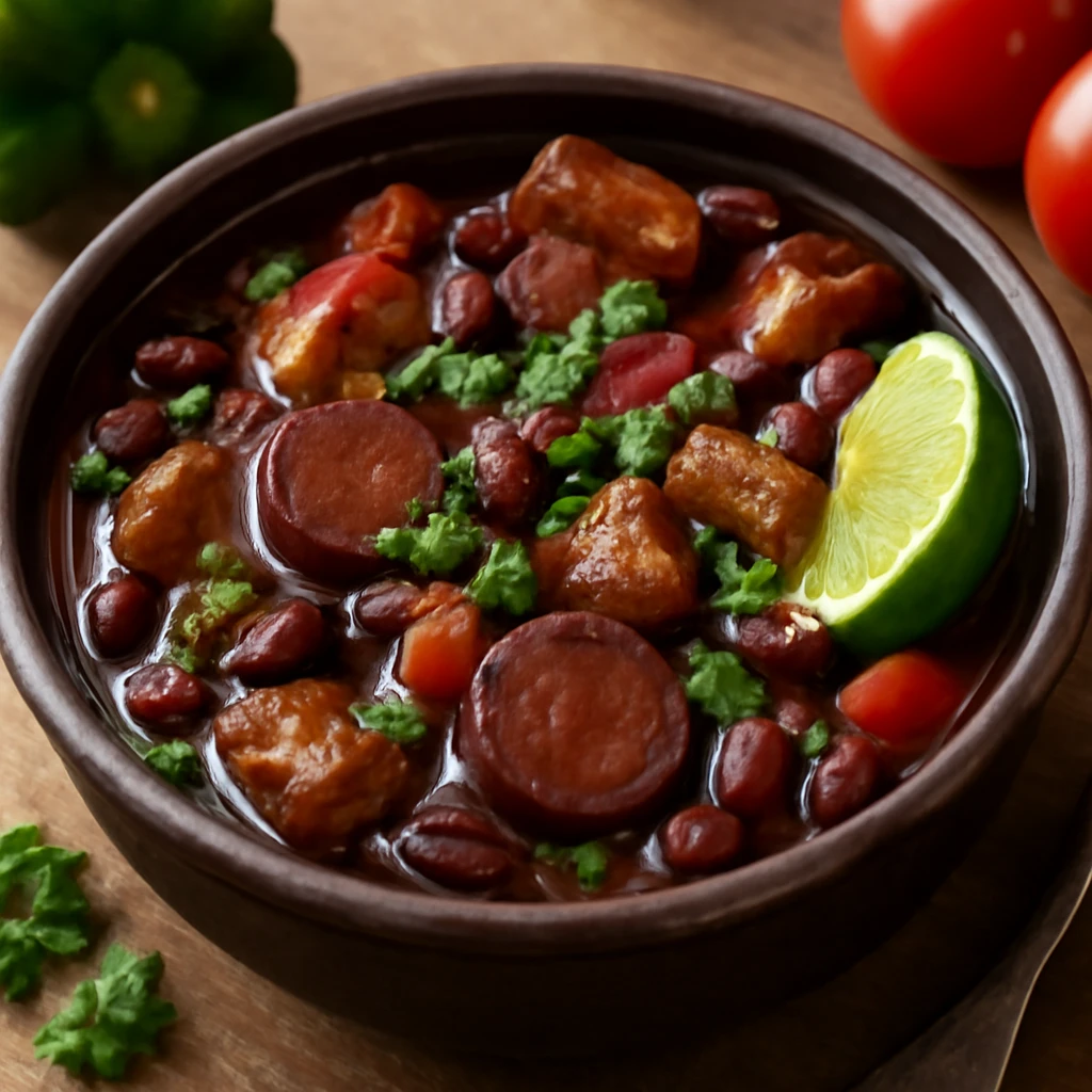Friss és gazdag feijoada tálalva, lime levéllel díszítve