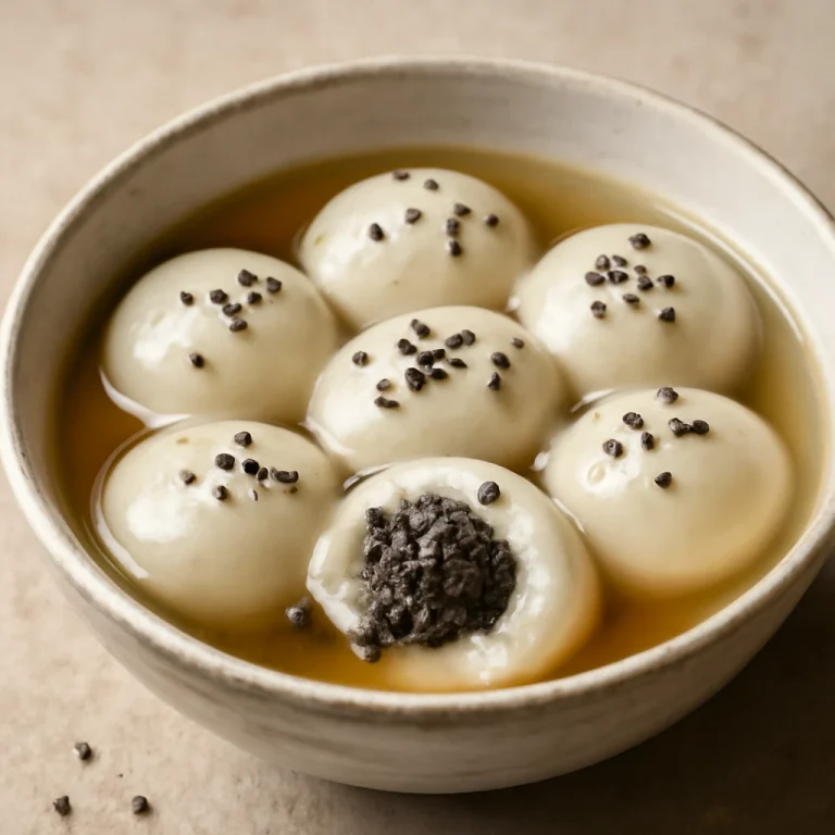 Fekete szezámmagos tangyuan édes gombócokkal, sziruppal tálalva
