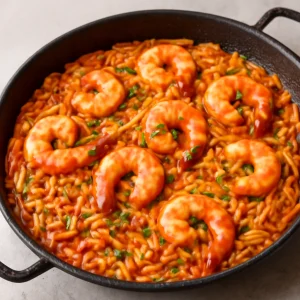 Spanyol fideuà garnélával és gazdag paradicsomos szósszal