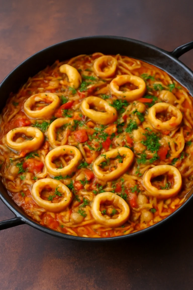 Fideuà amb calamars, gazdag tészta halas ízekkel és friss zöldségekkel