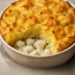 Fish pie fűszeres olívaolajjal, burgonyával, haldarabokkal és sajttal tálalva