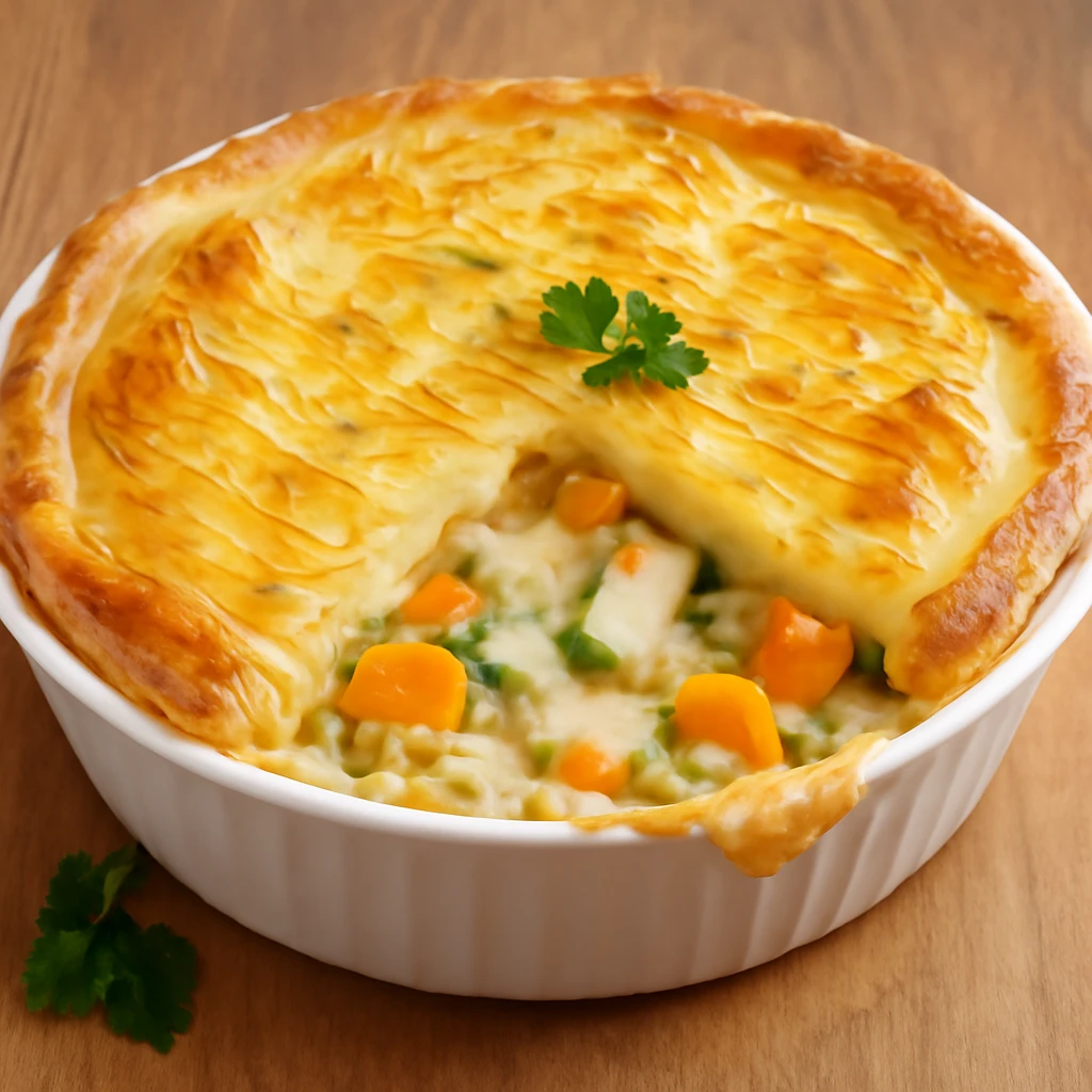 Krémes halas pite tésztával és zöldségekkel