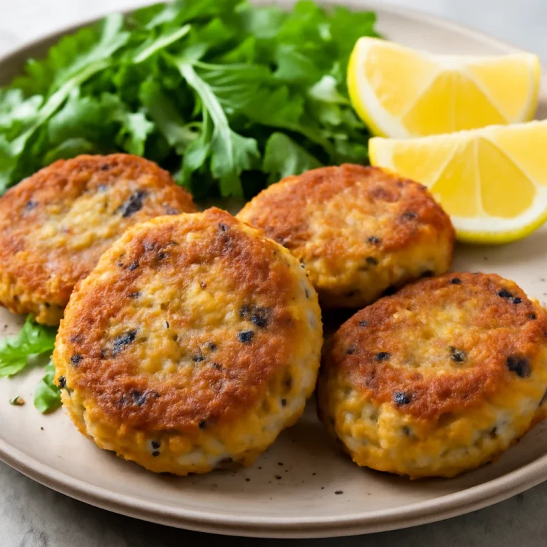 Fishcake citromhéjjal tálalva friss citromszeletekkel és salátával