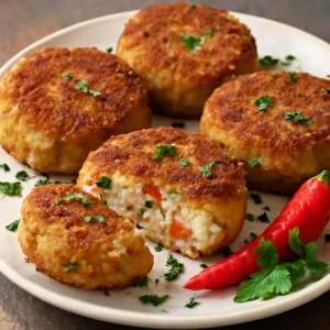 Friss, ropogós fishcake csípős paprikával és friss petrezselyemmel tálalva