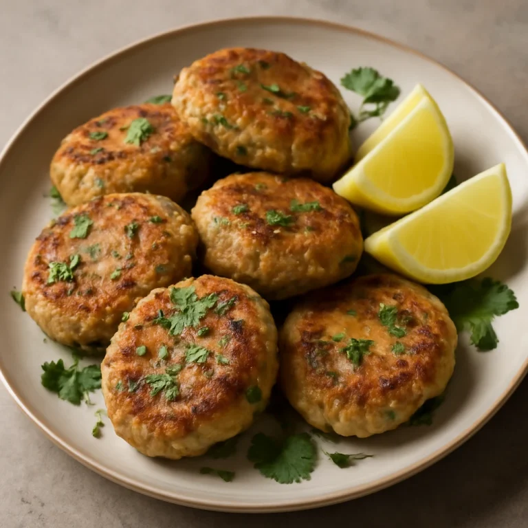 Fishcake korianderrel, friss halrudak fűszeres korianderrel és citrommal tálalva