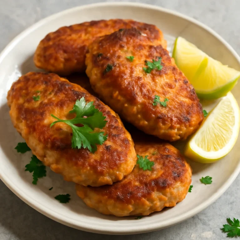 Fishcake lazaccal, ropogós halrudak friss petrezselyemmel és citrommal tálalva