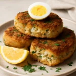 Fishcake tojással, tálalva ropogós külsővel és friss citrommal