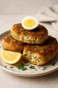 Ropogós Fishcake tojással, friss fűszerekkel tálalva