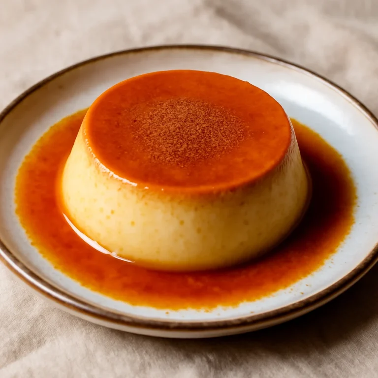 Flan fahéjjal tálalva, egy szép tányéron