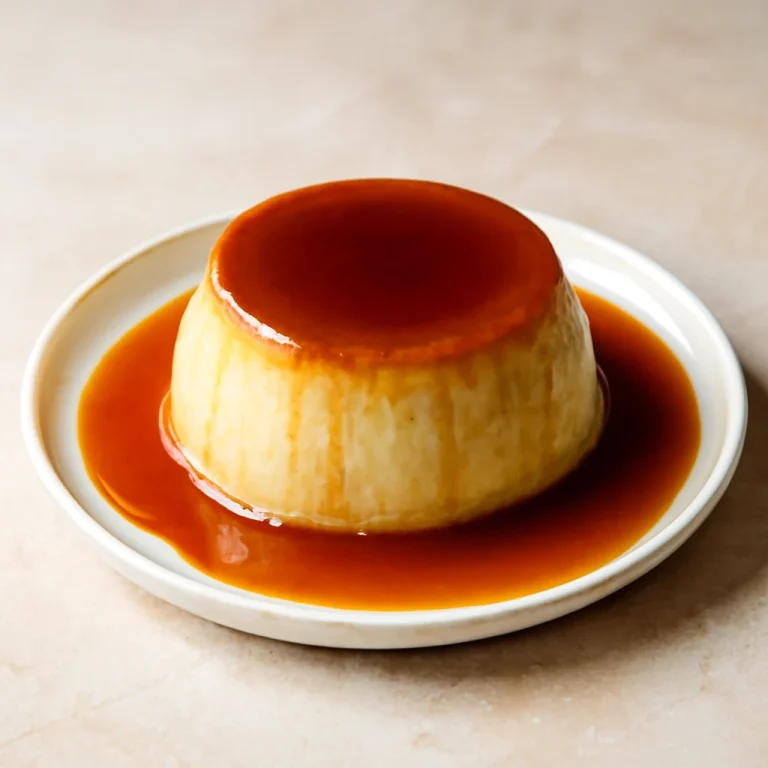 Flan karamellel tálalva, aranybarna karamell sziruppal