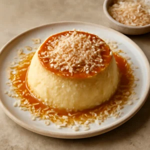 Karamellizált Flan kókuszreszelékkel díszítve