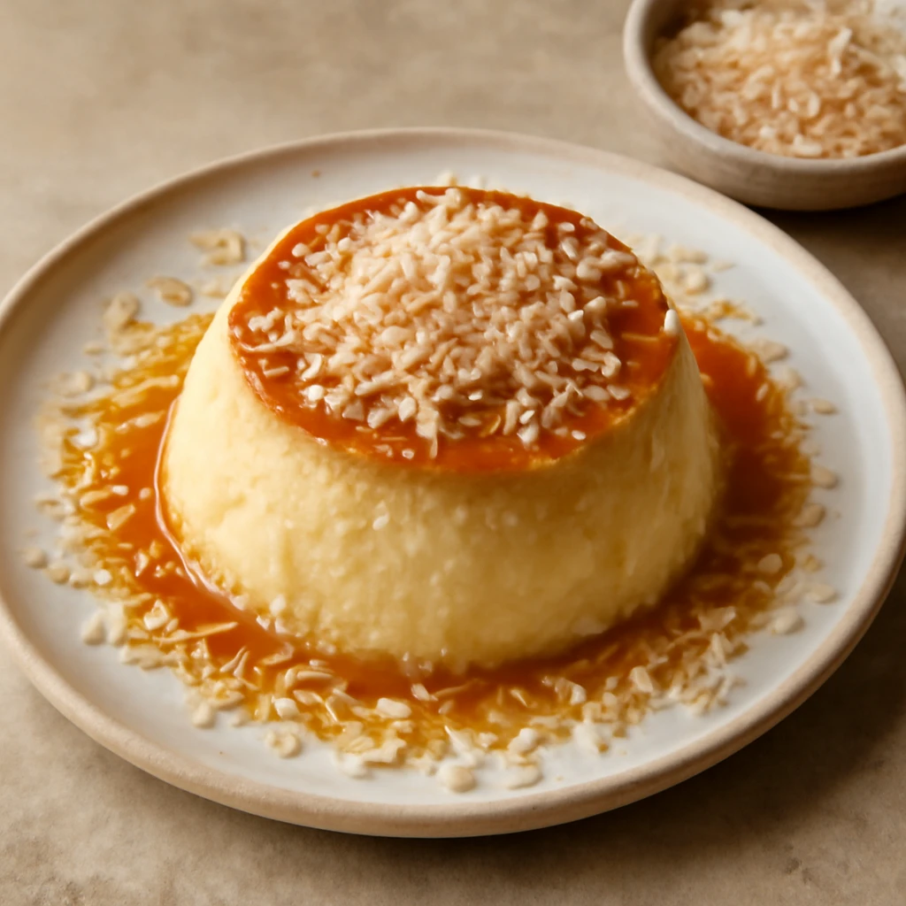 Karamellizált Flan kókuszreszelékkel díszítve