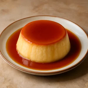 Selymes, karamellás flan tejjel tálalva