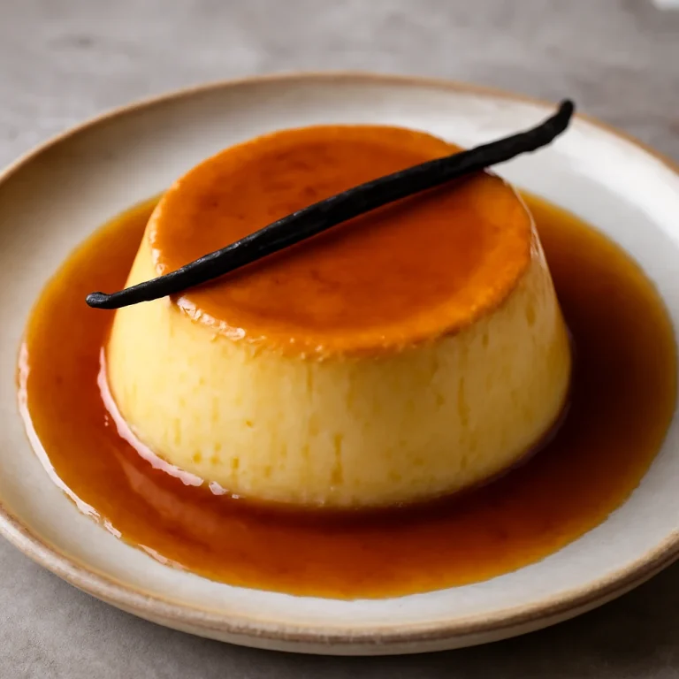 Flan vaníliával, karamellás öntettel tálalva