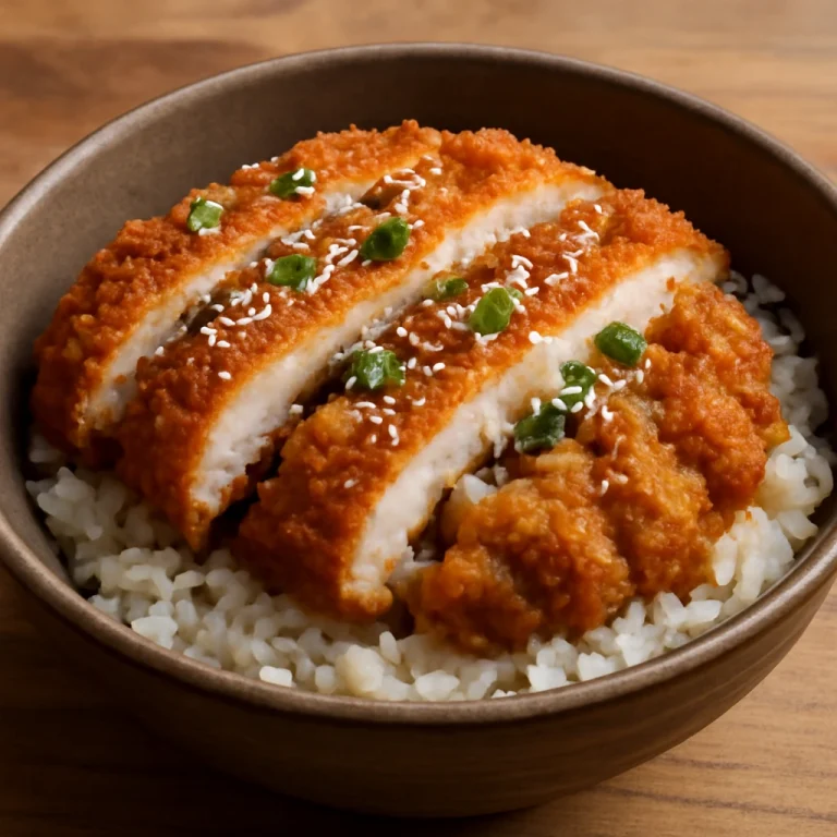 Fokhagymás miso töltelékű katsudon frissen tálalva