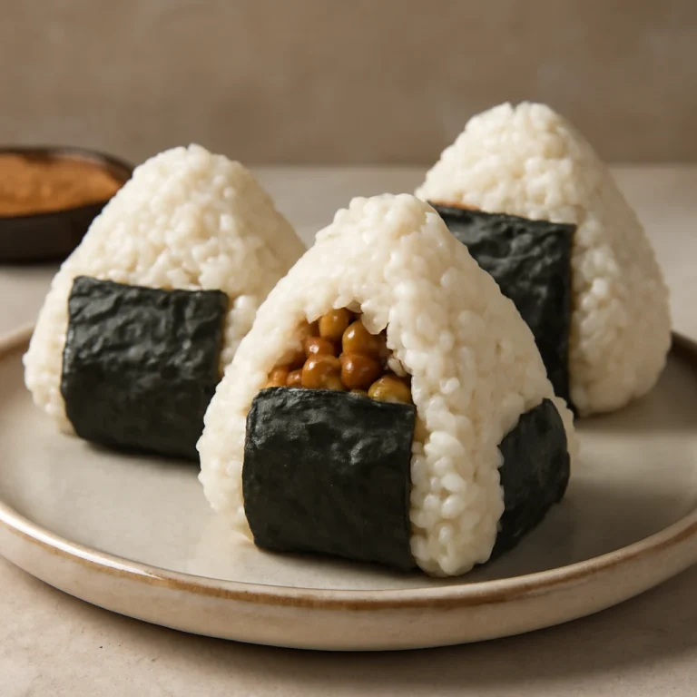 Fokhagymás miso töltelékű onigiri rizsgombócok, algával díszítve