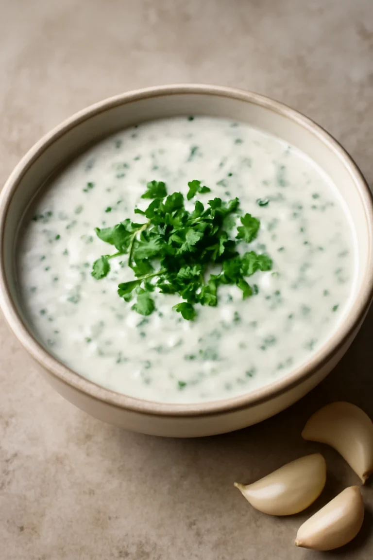 Friss fokhagymás raita egy tálban, finom korianderrel díszítve