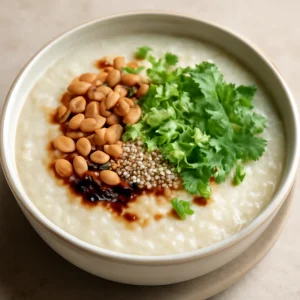 Krémes földimogyorós congee, szezámmaggal és korianderrel