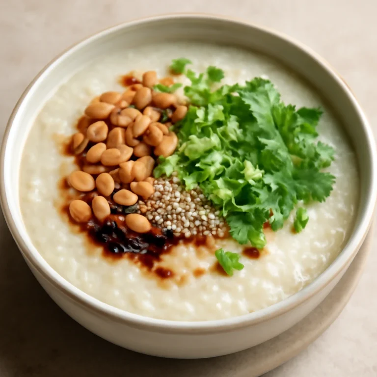 Földimogyorós congee, tálalva pirított földimogyoróval, szezámmaggal és korianderrel