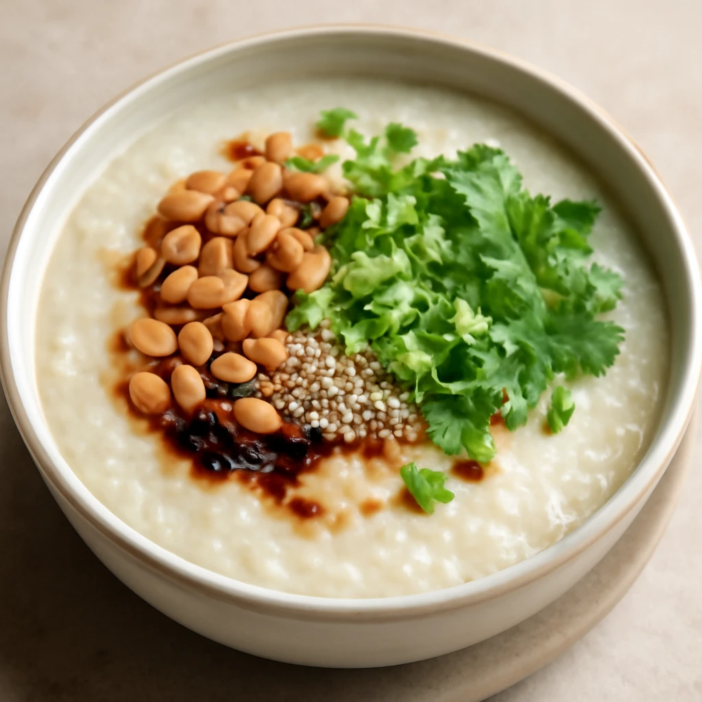 Krémes földimogyorós congee, szezámmaggal és korianderrel