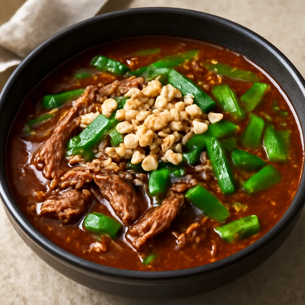 Földimogyorós marhahúsos koreai leves friss zöldhagymával