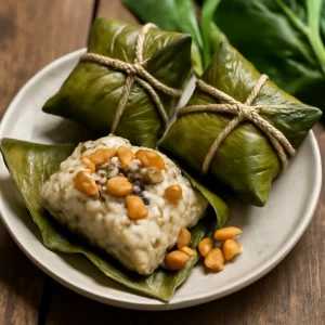 Friss földimogyorós zongzi tálalva