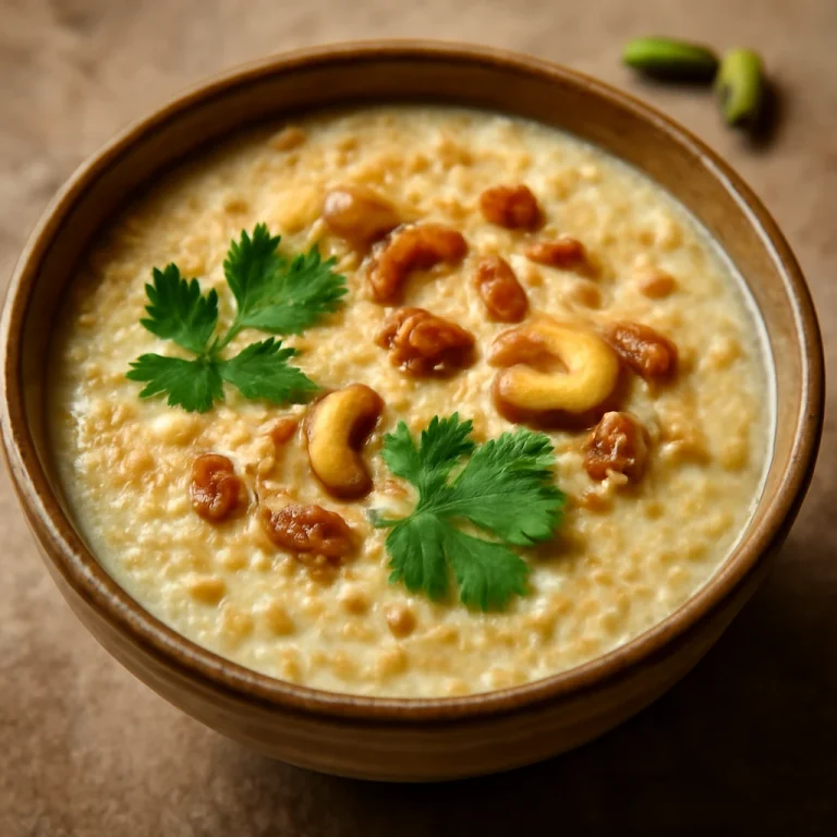 Foxtail millet payasam tálalva friss korianderrel és dióval