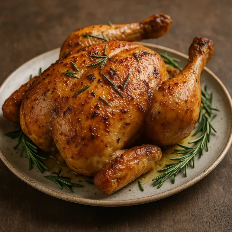 Frango assado rozmaringgal, egész sült csirke aranybarnára sütve, friss rozmaringgal megszórva, rusztikus tálalásban