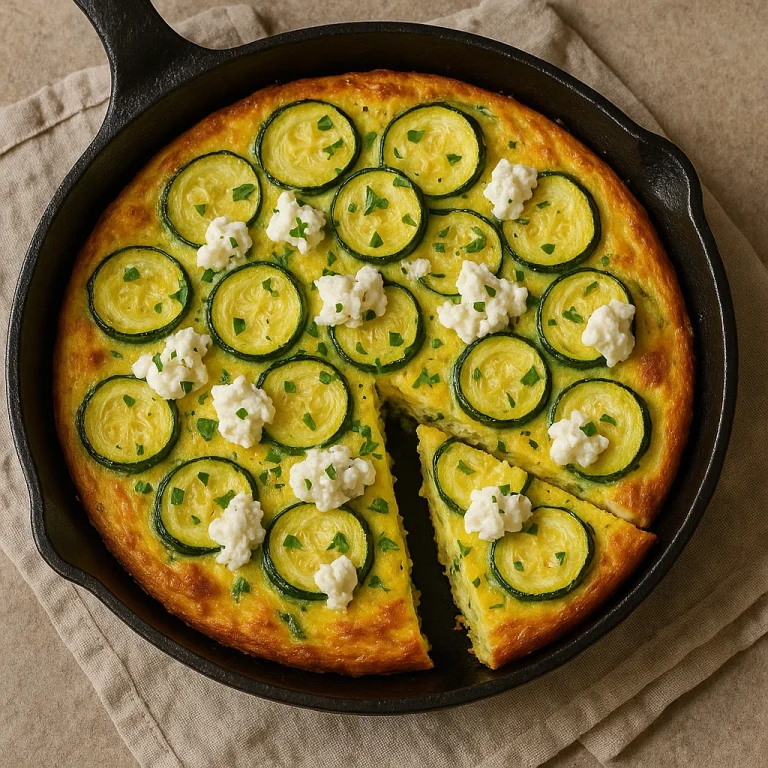 Frittata cukkínivel és ricottával egy serpenyőben tálalva