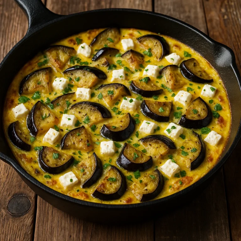 Frittata padlizsánnal és feta sajttal egy serpenyőben sütve, friss petrezselyemmel megszórva