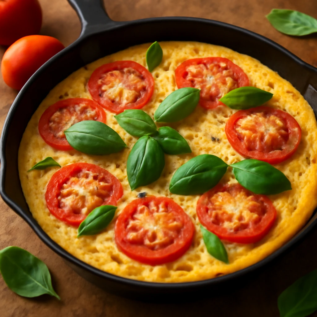 Friss frittata paradicsommal és bazsalikommal, reszelt sajttal tálalva