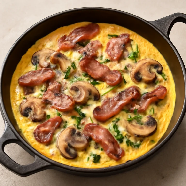 Frittata szalonnával és gombával, friss petrezselyemmel díszítve