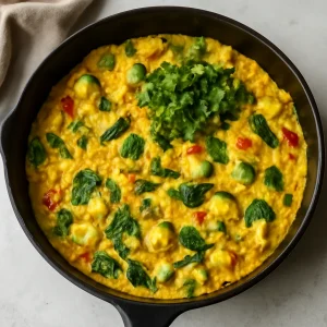 Vegán frittata, tofuból és zöldségekkel, friss petrezselyem díszítéssel