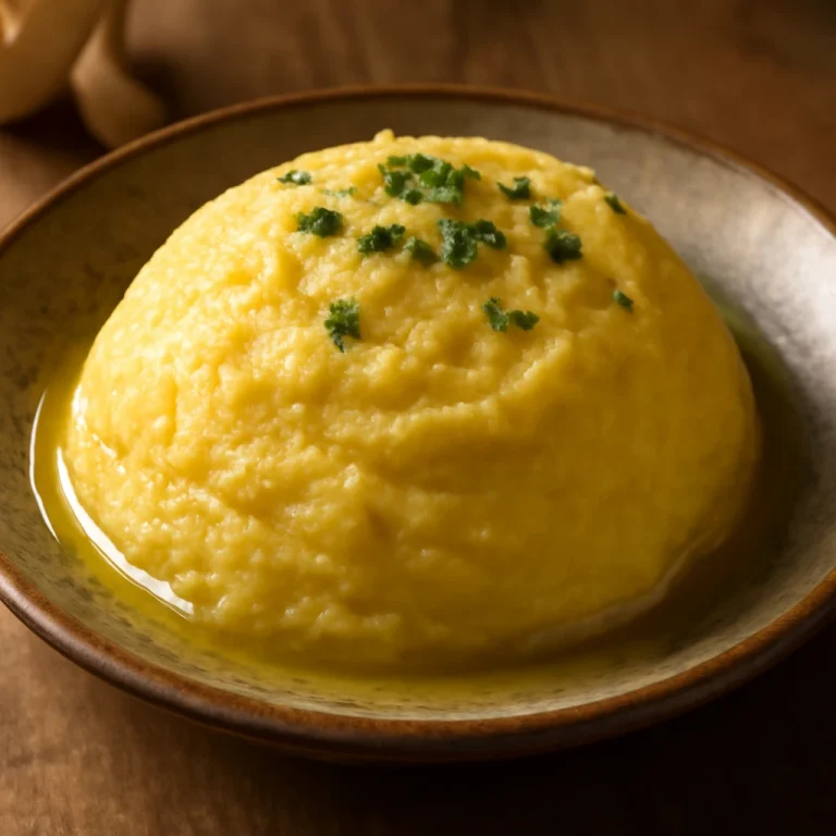 Fungee vajjal, gazdag, krémes kukoricaliszt étel friss korianderrel díszítve